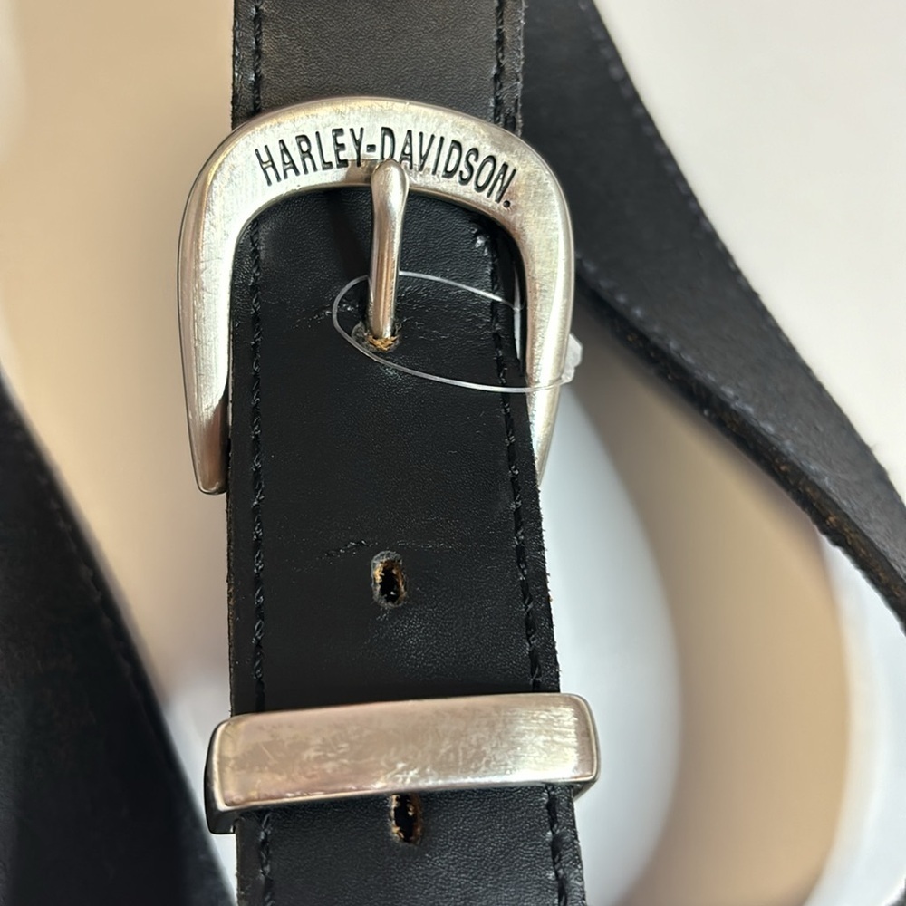 HARLEY DAVISON BLACK LEATHER BELT 52” LENGTH…SILVER BUCKLE AND SILVER TIP